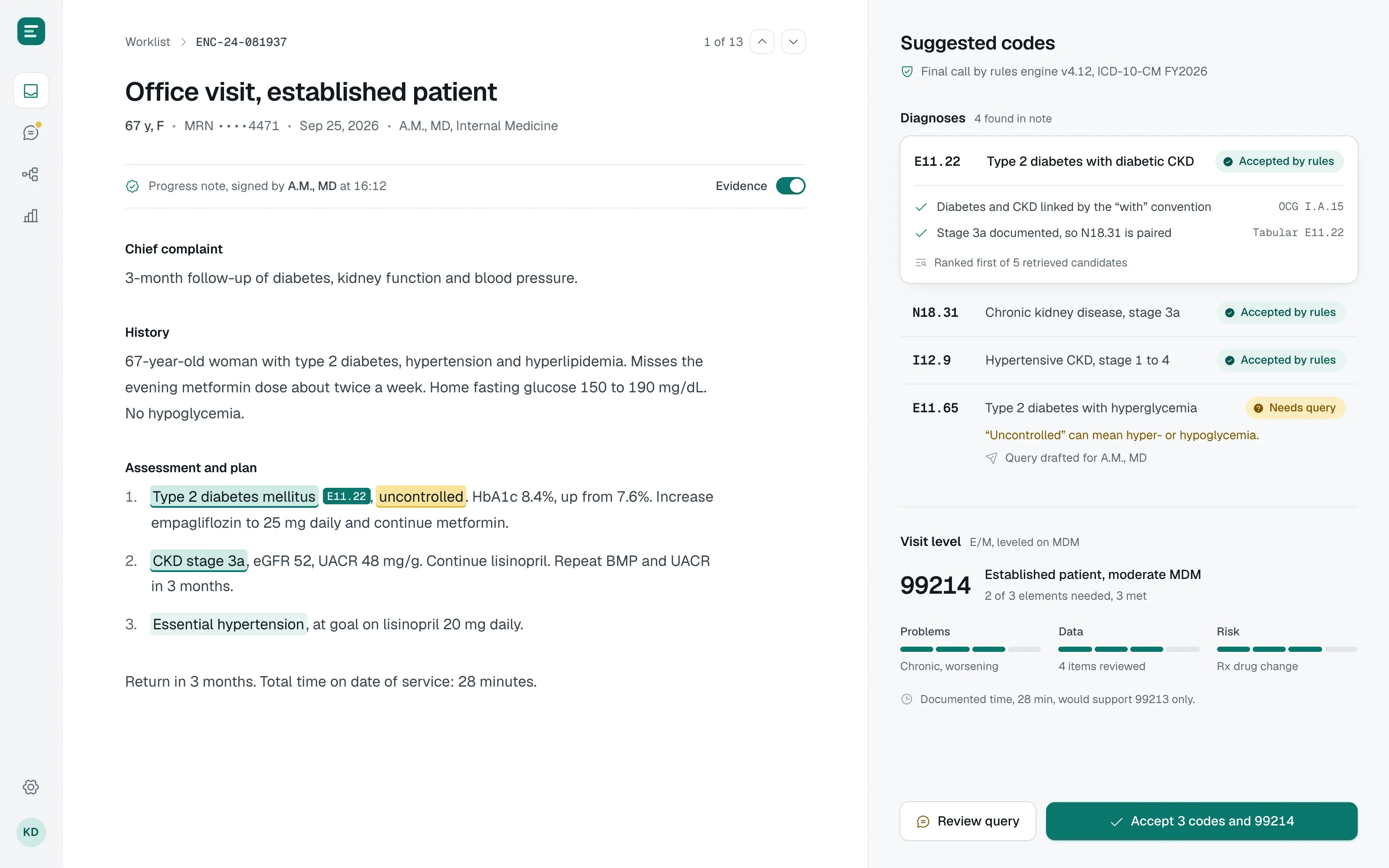 A coder’s review of one outpatient visit: the clinical note with evidence highlighted, suggested diagnosis and procedure codes, the rules engine’s verdicts and the visit level.